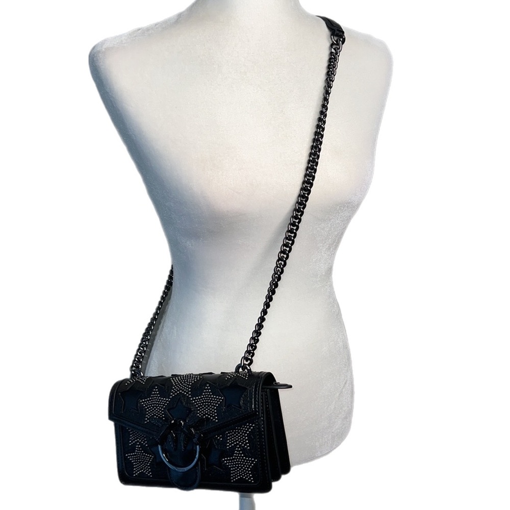 Pinko Crossbody Starry Skies Love Stud Black Leather Bag Silver Chain 8”x5” - Picture 6 of 15